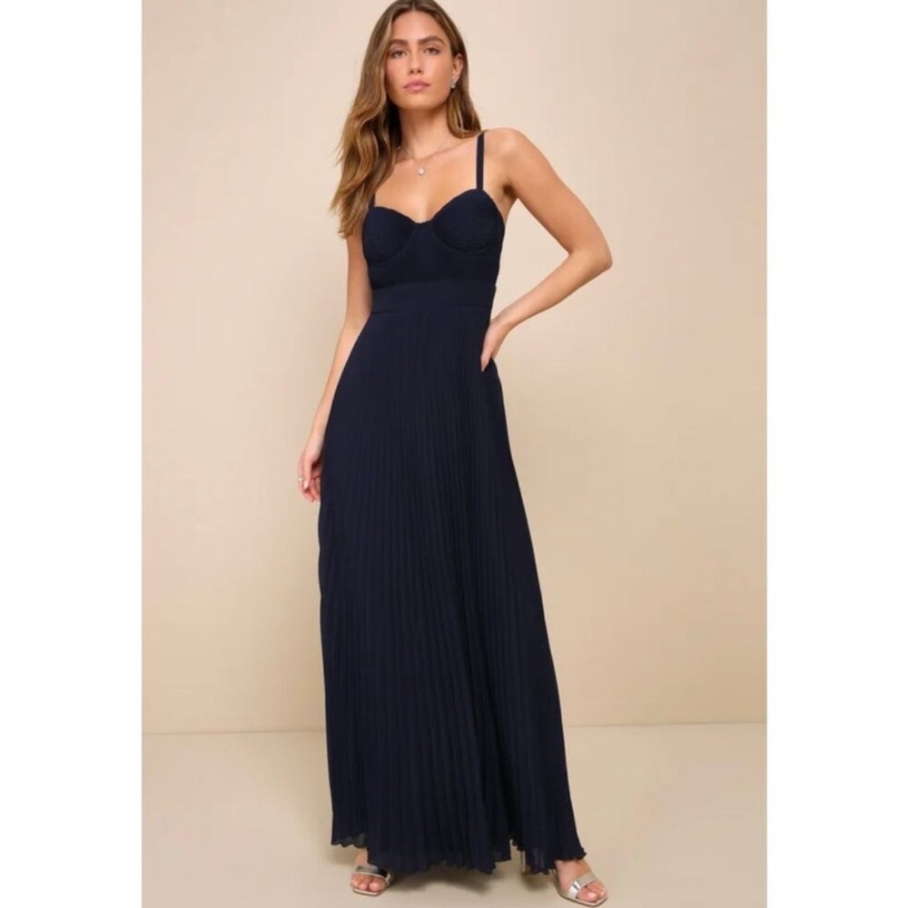 Lulus Certainly Navy Blue Pleated Bustier Maxi Dress Size Large MSRP $98